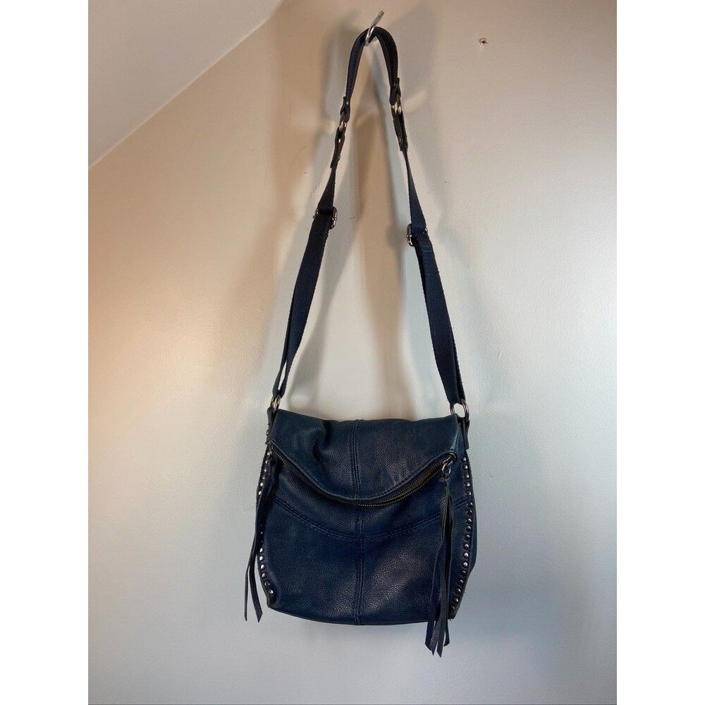 THE SAK BLUE LEATHER FOLD OVER CROSSBODY STUDDED ACCENT PURSE 10 X 9